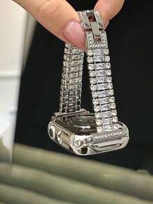 MAPUCE 1PC Luxury Sparkling Three-Row Dazzling Diamond Metal Watch Band, Compatible With Apple Watch 38/40/41/42/44/45/46/49mm, Suitable For Apple Watch Series Ultra/SE/11/10/9/8/7/6/5/4/3/2/1, Sparkling Ice Crystal Full Diamond Design, Luxurious And High-End, A Fashionable Accessory Watch Band For Women (Band Only) - Silver - View 3