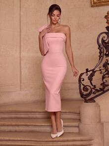 ADYCE Vestido de cóctel o fiesta de noche de largo midi, sin tirantes, con abertura en la espalda y decoración de lazo en color liso - Rosa - Ver 6