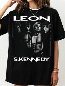 Leon Kennedy T-Shirt  Retro 90s  Gaming Tee Crew-Neck Printed Men's Fashion Short-Sleeved Sports T-Shirt - Black - View 1