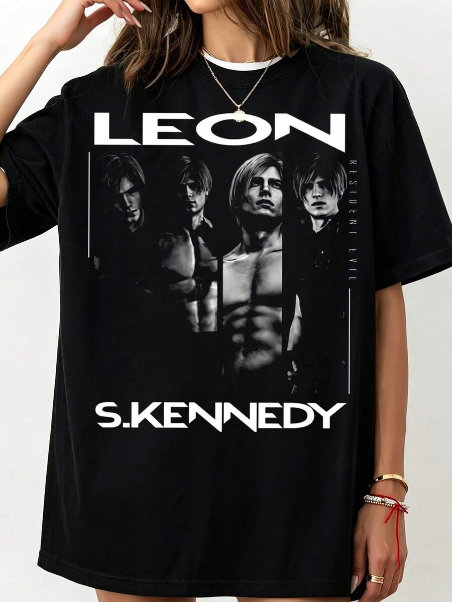 Leon Kennedy T-Shirt Retro 90s Gaming Tee Crew-Neck Printed Men's Fashion Short-Sleeved Sports T-Shirt - Black - View 1