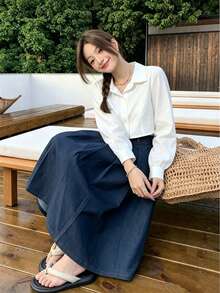 韓系街頭風女款學院風修身顯瘦短腰長袖襯衫上衣 夏季 - 白色 - 查看 5