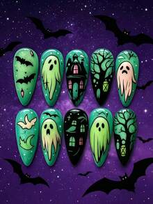 10pcs Halloween Lime Moonlight Castle Ghost Hand-Painted Gradient Green Ghost Haunted House Bat Dark Style Soft Reusable Press-On Nails - 綠色 - 查看 10
