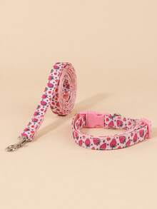 Pink Background Strawberry Print Collar And Leash Set, Printed Strawberry With Buckle Collar, Dog Supplies, Pet Supplies, Suitable For Outings And Play, Suitable For Medium And Small Dogs - Pink - View 8