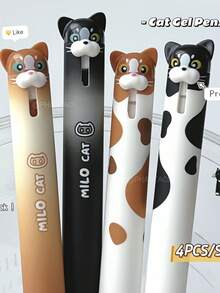 4支/組 貓咪造型 0.5mm 快乾黑色凝膠筆,創意動物設計,書寫順滑,辦公用品 - 彩色 - 查看 5