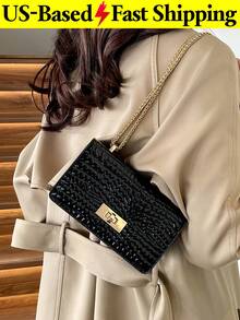 Mini Crocodile Embossed Shoulder Bag For Women Casual Gold Chain Square Crossbody Bag Classic Summer Red Purse For Travel Work Back To School Outfits - Multicolor - View 5