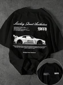 Men's Casual Short Sleeve Crew Neck T-Shirt With Street Racing Slogan Print - Pink - View 1
