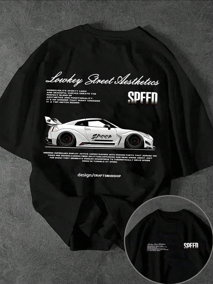 Men's Casual Short Sleeve Crew Neck T-Shirt With Street Racing Slogan Print - Pink - View 1