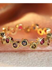 Anillo creativo vintage asimétrico con incrustaciones de circonita sintética multicolor, anillo redondo con motas arcoíris, anillo de cóctel, accesorio de joyería exquisito para fiesta de vacaciones - color - Ver 4