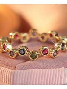 Anillo creativo vintage asimétrico con incrustaciones de circonita sintética multicolor, anillo redondo con motas arcoíris, anillo de cóctel, accesorio de joyería exquisito para fiesta de vacaciones - color - Ver 6