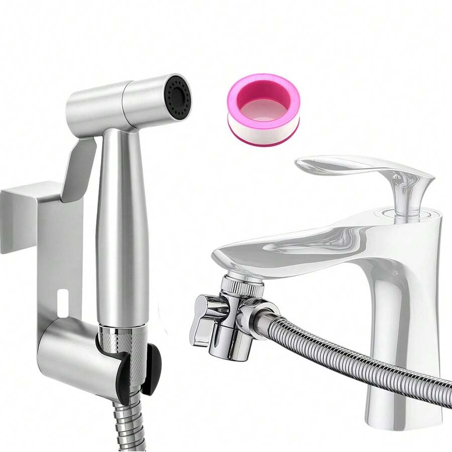 Tatukiko Set Semprotan Bidet Toilet, Adaptor T All-In-One + Selang + Braket, Semprotan Genggam Bertekanan Air Kuat, Cocok untuk Kebersihan Pribadi dan Pembersihan Rumah - perak - View 1