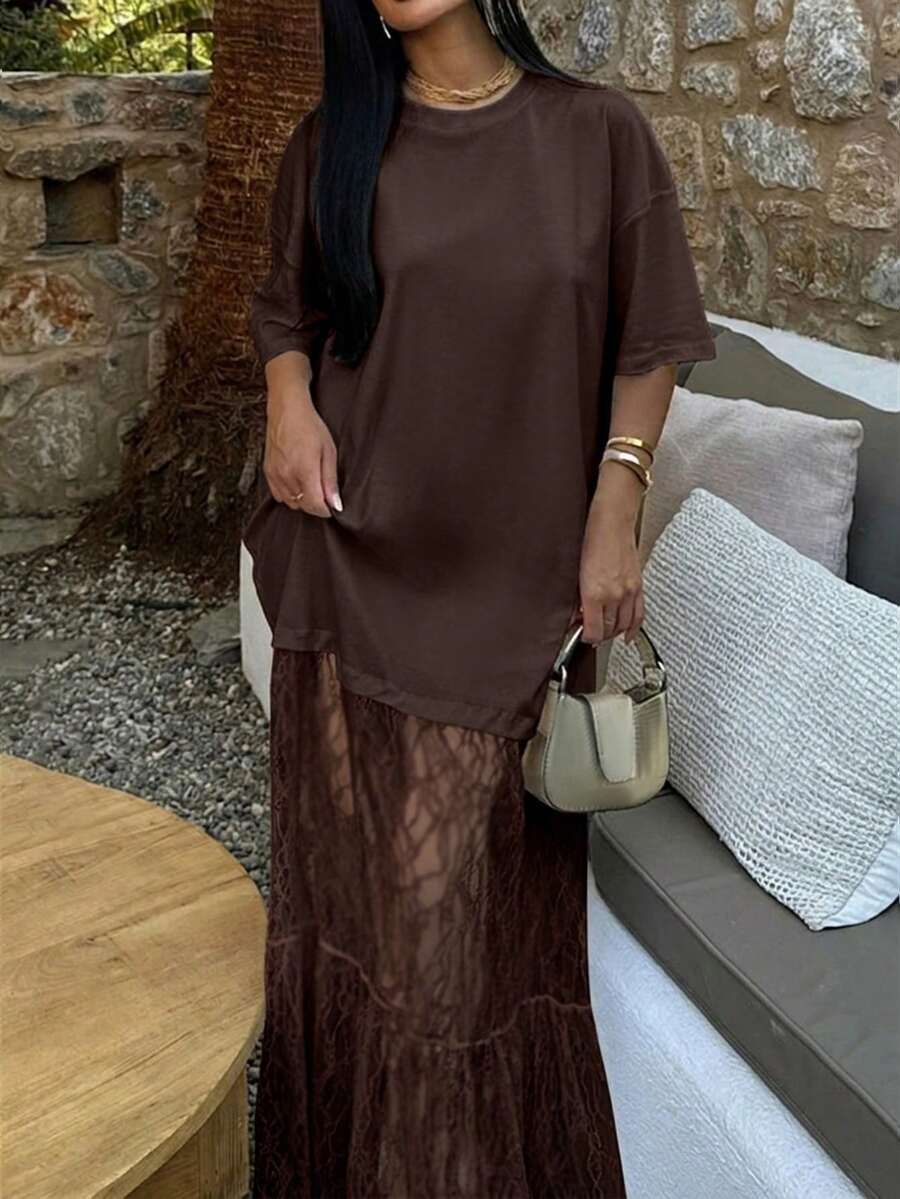 女款圓領對比蕾絲洋裝,性感休閒針織面料洋裝,夏季優雅棕色 - 棕色 - 查看 1