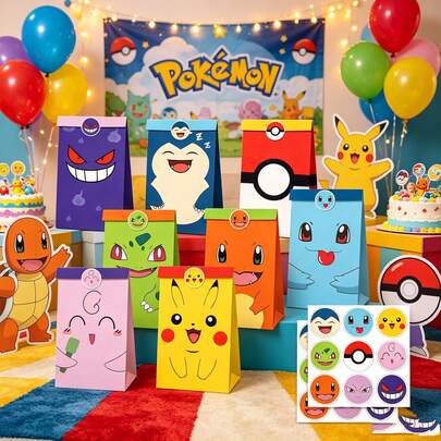 12 piezas Bolsa de regalo creativa de papel kraft grueso de doble cara con pegatinas, bolsa de embalaje para regalos de actividades y festivales