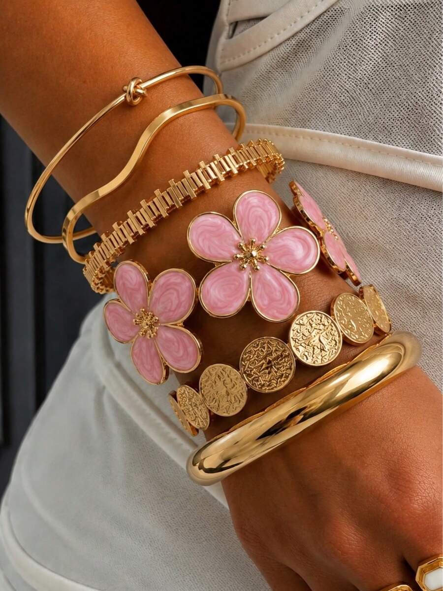 6/1pc Romantic Style Colorful Enamel Plumeria Shaped Open Bangle Geometric Round Disc Bracelet For Women, Suitable For Weddings, Travel Or Valentine's Day Gift For Loved Ones - Multicolor - View 1