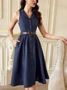 Vestido de verano de longitud media con botones frontales y sin mangas, con diseño de rayas, elegante y vintage para mujeres. Atuendos de v - Azul y blanco - Ver 3
