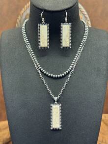 1 Set / Western Vintage Style Jewelry Set, 1 Pair Rectangular Faux Turquoise Earrings And Double Layer Necklace, Rugged And Eye-Catching Overall Style, Full Of American Western Wilderness Texture, Highly Compatible With Cowboy Style, American Vintage Hot Girl Style, And Western Cargo Style Style. - Bohemian Style - View 8
