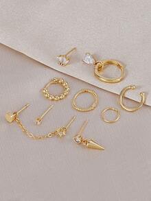 9pcs Inlaid Cubic Zirconia Eight-Pointed Star Earring Set, Multiple Ear Piercing Earrings Set, Suitable For Women's Daily Wear, Dating, Party And Gathering - Yellow Gold - View 6