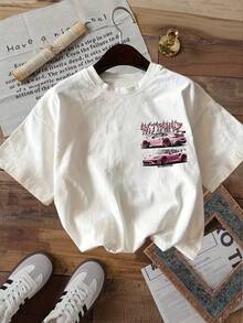 Damen-T-Shirt mit doppelseitigem Steampunk-Auto-Print – Rundhalsausschnitt, Kurzarm, reine Baumwolle, modisches Sommertop - Weiss - Übersicht 1