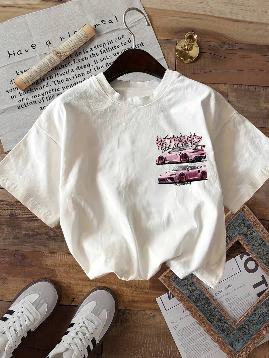 Damen-T-Shirt mit doppelseitigem Steampunk-Auto-Print – Rundhalsausschnitt, Kurzarm, reine Baumwolle, modisches Sommertop - Weiss - Übersicht 1