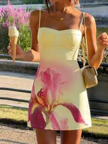 Robe d'été, robe courte imprimée sexy dos nu, robe décontractée à bretelles fines à motif floral, robe de plage pour vacances et fête, robe d'invitée de mariage, robe de bal, robe d'anniversaire, robe jaune, robes élégantes pour fête - Jaune citron - Voir 5