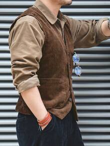 Men's Casual Sleeveless Vest Jacket Amer-Vintage Button Up V-Neck Workwear, For Fall - Brown - View 3