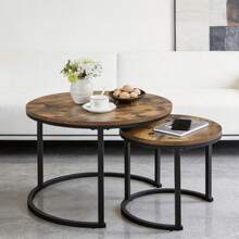 2pcs Coffee Table Set, Round Nesting Coffee Table Set - Industrial Wood Grain Side Tables For Living Room Bedroom Balcony - Wood Color - View 6