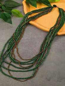 1pc Wood Bead & Glass Bead Bohemian Style Multi-Layer Necklace For Women - Army Green - View 2