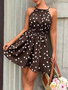 Women's Casual Cute Polka Dot Sleeveless Mini Dress - Fashionable Collar, Slim Waist Vacation Elegant Summer - Brown - View 4