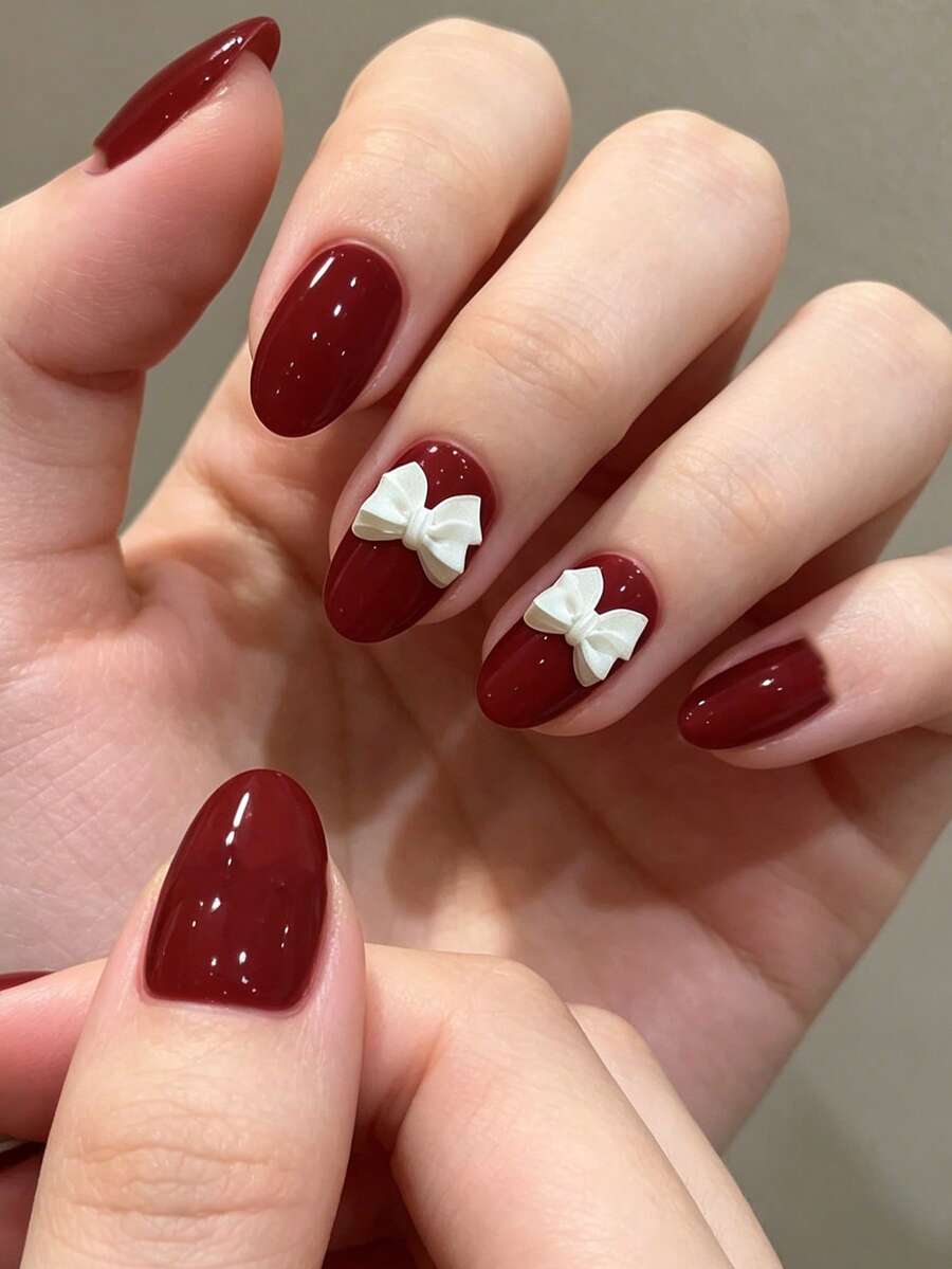 24 pièces Ongles Faux Haricot Art Ongles Mariage Manucure Rouge Simple à la mode Nœud Blanc Élégant Design Perle Ongles à Encoller Convient pour Femmes Rendez-vous Festival de Musique Vacances Travail Quotidien Port Quotidien Ensemble d'Ongles à Encoller Amovibles - Multicolore - Voir 1