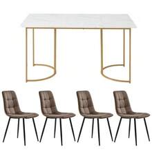 Dining Set (5 Pieces), Table And 4 Chairs, Modern Kitchen Set, 140*80cm Kitchen Table With Gold Metal Legs, White MDF Top, Brown Velvet Dining Chairs - White - View 4