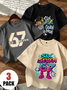 3pcs/Set Boys' Casual Outfit, Hip Hop Style Number Print Round Neck Top Set, Street Cool Cartoon Bear & Graffiti Design, Versatile Daily Wear Kids Clothing - Dark Grey - View 1