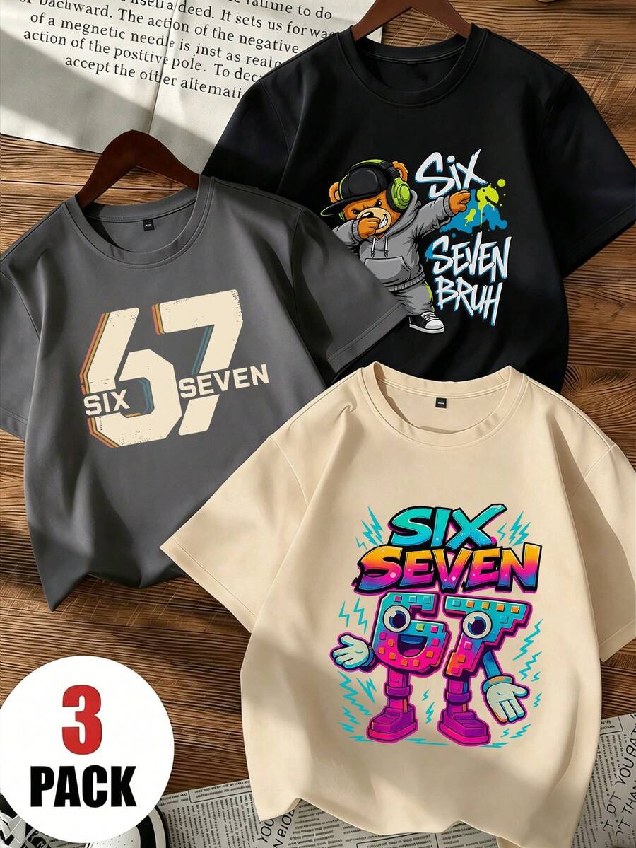 3pcs/Set Boys' Casual Outfit, Hip Hop Style Number Print Round Neck Top Set, Street Cool Cartoon Bear & Graffiti Design, Versatile Daily Wear Kids Clothing - Dark Grey - View 1