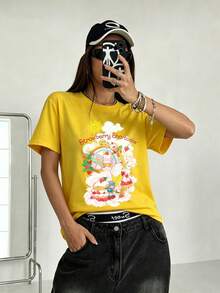 SHEIN X Strawberry Shortcake Women's Solid Color Round Neck Short-Sleeved Loose T-Shirt, 100% Cotton Top, Cartoon Strawberry Women's Strawberry Ice Cream Cake Paradise Letter Slogan Print T-Shirt, Spring And Summer Casual Women's Wear, Verano Mujer, Curve, Vacation, Casual, Office/Home/Outdoor Sports/Retro Style/Simple, Fun Design, All Seasons, Teenagers, Unisex, Couples - Turmeric - View 3