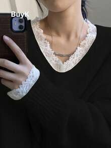 Plus Size [Tops]BuyK Lace Patchwork V-Neck Knit Sweater, Spring/Autumn Loose Slouchy Long Sleeve Pullover, Casual Fashion Versatile All-Season Top Black - Black - View 3