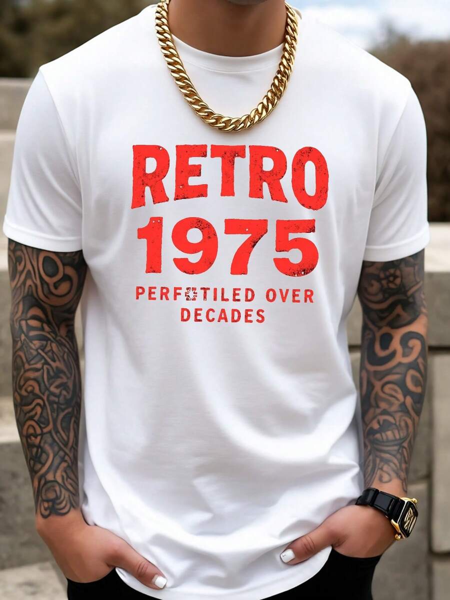 T-shirt graphique d'anniversaire "Rétro 1975" pour hommes, t-shirt décontracté à col rond et manches courtes, Top nostalgique avec impression de texte rouge vintage usé - Blanc - Voir 1