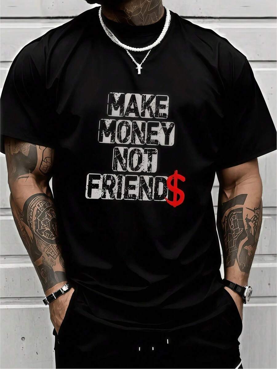 1 Men's 'Make Money' Print T-Shirt, Graphic Tee, Summer T-Shirt, Unisex Casual Crew Neck T-Shirt, Plus Size 3XL For Men, 180G Lightweight Knit Fabric - 黑色 - 查看 1