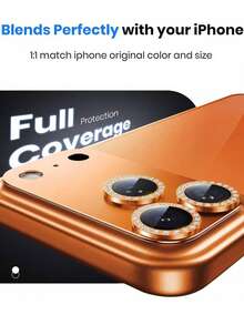1pc Orange Rhinestone Inlaid Metal Surface Ultra-Thin 9H Tempered Glass Camera Lens Protector, Ultra-Clear Anti-Scratch Anti-Oil Anti-Fingerprint Anti-Dust Full Coverage Anti-Collision Phone Accessory, Compatible With IPhone 17 Pro Max 17 Pro - Orange - View 4