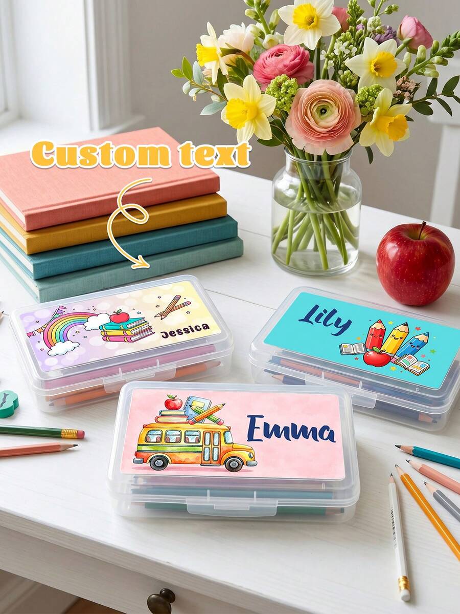 1pc Custom Pencil Case With Name, Clear Pencil Box With Cartoon Apple/Bus Design, Perfect Back To School Gift For Students,Ideal For Classroom And Home Use - Multicolor - View 1
