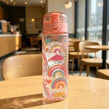 1pc 600ml Cartoon Pattern Printed Summer Water Bottle With Straw Cup, Suitable For Sports, Outdoor, Home, Office, School, Portable Gift Cup - Multicolor - View 10