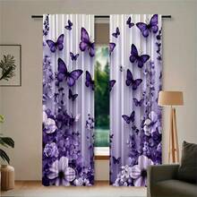 2 PIEZAS Cortinas Semitransparentes con Estampado Floral y Mariposa Púrpura. Bolsillo para Barra sin Taladro, Fácil de Instalar y Deslizar Suavemente. Tela de Poliéster, Secado Rápido, Lavable a Mano y a Máquina. Perfecto para Dormitorio, Sala de Estar, Decoración de Cocina y Divisores de Habitación. - Multicolor 1 - Ver 13