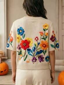 女款 V 領花卉刺繡圖案休閒百搭日常穿著針織上衣，夏季度假黃色 - 黃色 - 查看 5