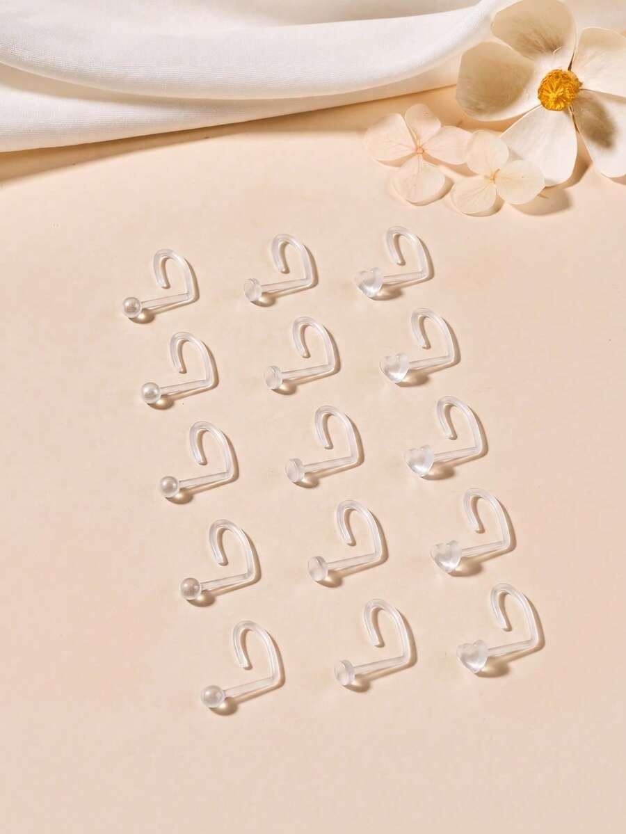 15pcs/Set Sports Style UV Transparent Heart & Star Nose Studs, L-Shape/Spiral/Bone Nose Rings, 18G Nose Piercing Jewelry, Unisex Body Piercing Accessories For Daily Wear - Transparent-a - View 1