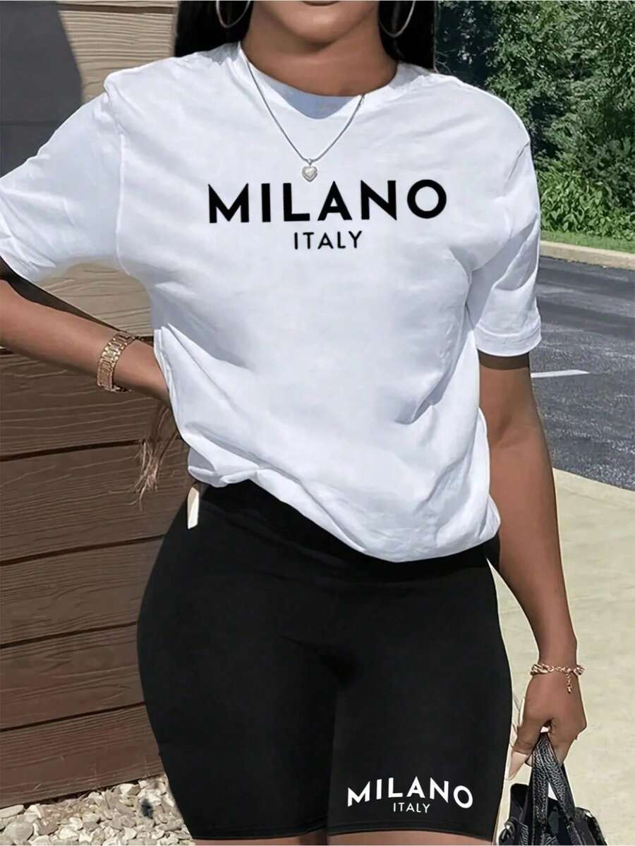 Women's Casual Crew Neck T-Shirt With MILANO ITALIA Letter Print | Summer Short Sleeve Loose Fit T-Shirt, Breathable, For Everyday Wear And Parties, Minimalist Style - 白色 - 查看 1