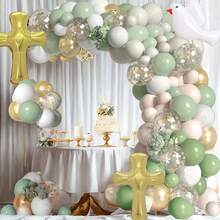 Sage Green And Gold Balloon Garland Set, Cross And Dove Foil Balloons, Suitable For Baptism, Christening And Religious Party Decoration - View 2