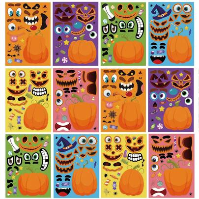 6/12pcs Halloween Cartoon Pumpkin Stickers For Kids, DIY Dress-Up Stickers, Holiday Party Gift Bag Fillers, Birthday Gifts, Classroom Craft Stickers Halloween