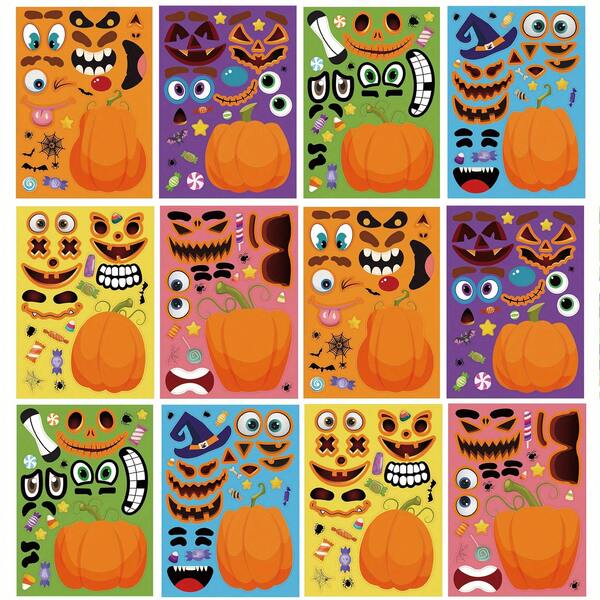 6/12pcs Halloween Cartoon Pumpkin Stickers For Kids, DIY Dress-Up Stickers, Holiday Party Gift Bag Fillers, Birthday Gifts, Classroom Craft Stickers Halloween