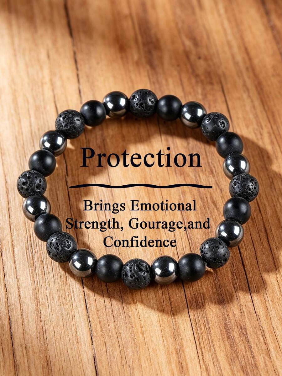 Dreifach-Schutz Perlenarmband, Hämatit, Obsidian, Schwarze Lava, Selbstvertrauen, Stabilität, Negatives Loslassen, Mode Schmuck für Frauen und Männer für den täglichen Gebrauch - Schwarz - Übersicht 1