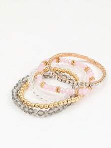 Juego de 5 pulseras elásticas de cuentas de cristal falso y strass estilo Ins, multicapa y apilables, con cuentas CCB, para mujer - Dorado - Ver 5