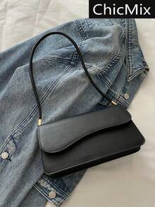 Bolso de Hombro Elegante y Sencillo de Color Sólido, Estilo Vintage, Asimétrico, Estilo Old Money, para Oficina, Color Crema - Negro 2 - Ver 2