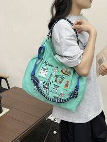 Tas Tote Bordir Landmark Paris Gaya Jepang, Nilon Ringan, Tas Komuter 3 Cara: Bahu/Selempang/Jok - MultiWarna - View 4