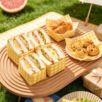 25 tờ giấy gói thực phẩm chống dầu kẻ caro vàng trắng, giấy lót sandwich và bánh mì chống dính, phù hợp cho dã ngoại, BBQ sân vườn, tiệc mùa hè, tụ họp ngoài trời, dùng gói sandwich, bánh mì, bánh sừng bò, burger, khoai tây chiên